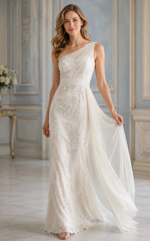 One Shoulder Lace Sheath Wedding Dress Chiffon Side Drape