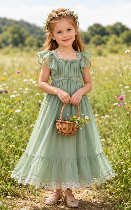 Blumenmädchenkleid aus salbeifarbenem Tüll in A-Linie mit Rundhalsausschnitt und knielanger Silhouette, verziert mit einer Schärpe