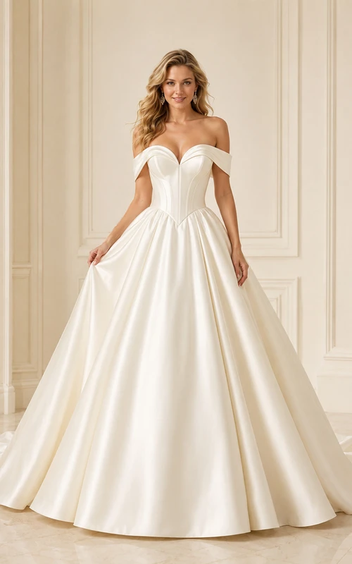 Robe de mariée longue à traîne cathédrale, en satin, à épaules dénudées, décolleté en V profond, plis et ourlet en cœur.