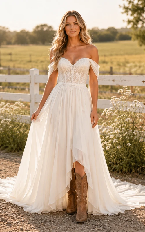 Robe de mariée de maternité, col carré, manches cloche amovibles, coupe trapèze, style champêtre