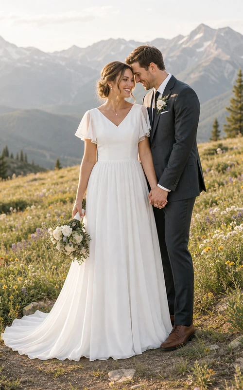 Lässiges Chiffon-Brautkleid in A-Linie mit V-Ausschnitt, bodenlanger Schleppe und kurzen Ärmeln mit Rüschen
