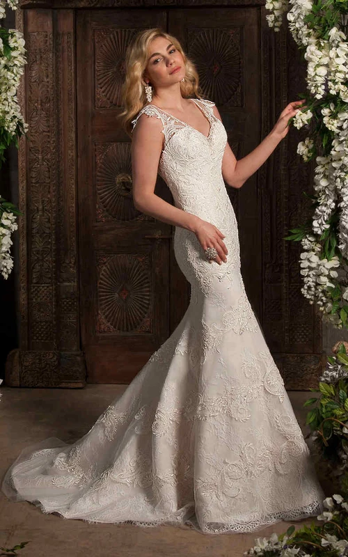 Ärmelloses Meerjungfrauen-Brautkleid mit V-Ausschnitt, Applikationen aus Spitze und Schleppe