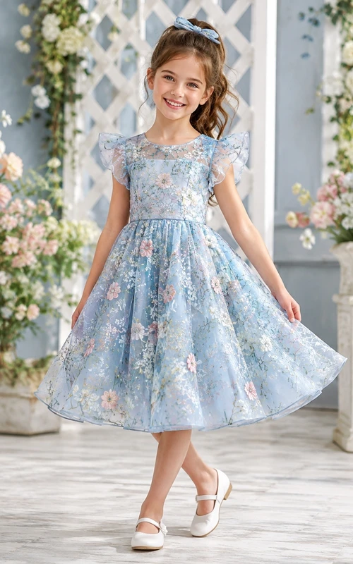 Tea Length Floral Princess Cap Sleeve A-Line Flowergirl Occasion Dress