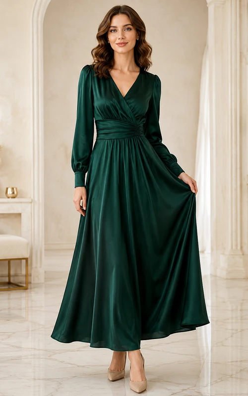 Dunkelgrünes, knöchellanges, gerafftes A-Linien-Kleid aus Satin mit V-Ausschnitt und langen Ärmeln von Bayram