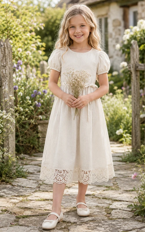 Flower Girl Dress Ivory Cotton Lace A-Line Short Sleeve Scoop Neck Tea Length