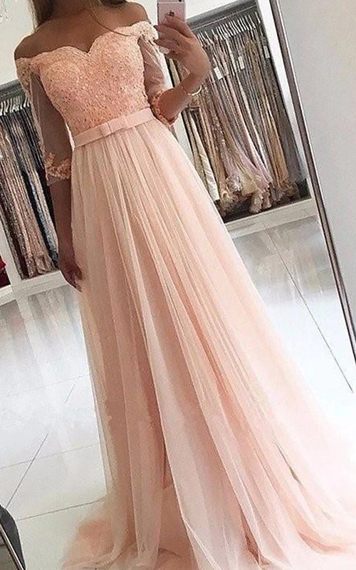 A-Linien-Kleid aus Spitze und Tüll mit schulterfreiem Ausschnitt, langen Ärmeln und Reißverschluss