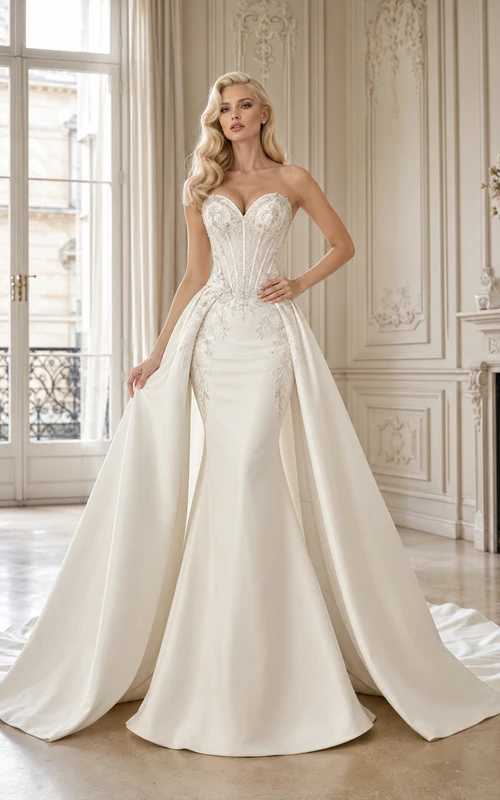 Robe de mariée impeccable en satin et dentelle, bustier cœur, traîne cathédrale, galerie de robes de mariée