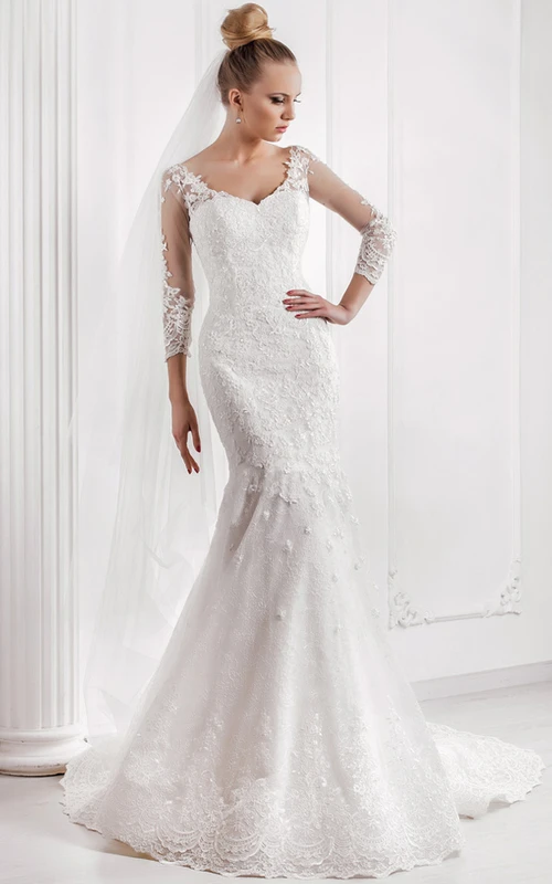 Mermaid Appliqued V-Neck 3-4 Sleeve Lace Wedding Dress With Court Train
