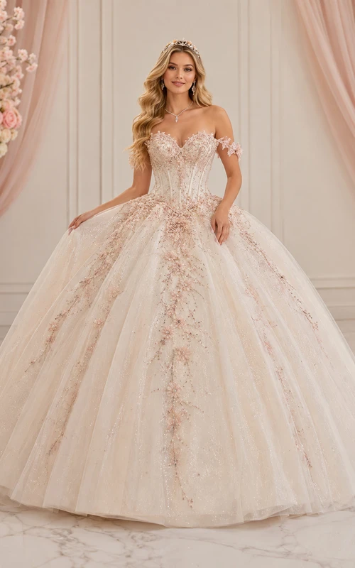 Vestido de fiesta formal de princesa para quinceañera, color marfil y rosa empolvado, de lujo, con hombros descubiertos y bordados florales.