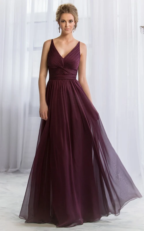 Ärmelloses Brautjungfernkleid in A-Linie mit V-Ausschnitt, Knotendetail und Falten