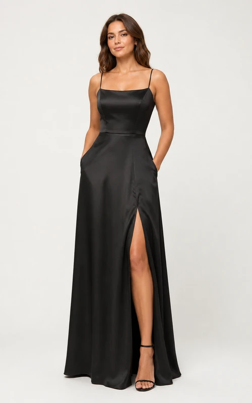 Black Satin Spaghetti Strap A-Line Formal Gown with Pockets