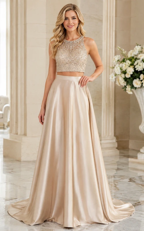 Champagne Two-Piece High-Neck Sequin Satin A-Line Floor Formal Gown Luxury