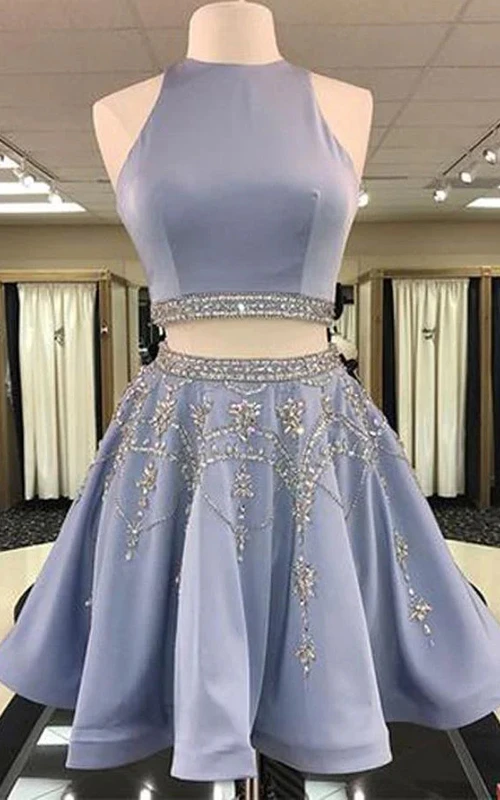 Zweiteiliges blaues kurzes Mini-Abendkleid mit Rundhalsausschnitt und Perlenstickerei
