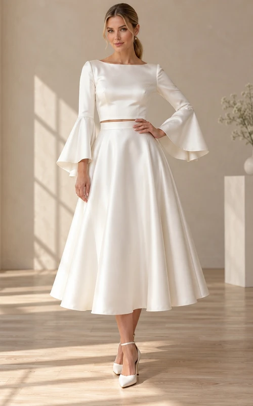 Tea-length Two Piece Boat Neck Bell Sleeve Satin Wedding Dress