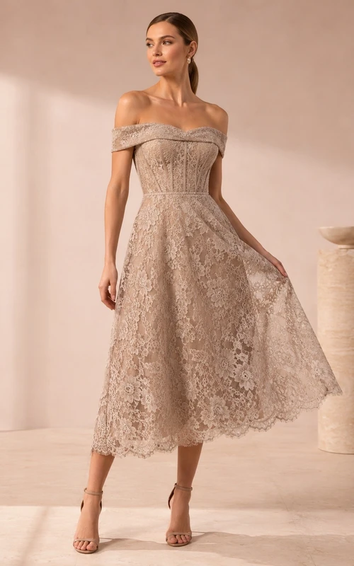 Vestido de encaje color champán con hombros descubiertos, manga corta y corte en A, largo hasta la rodilla.