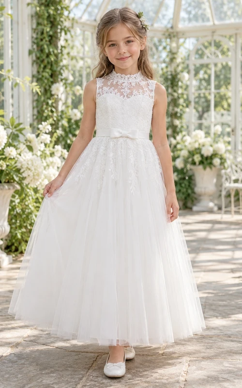 Vestido de niña de flores blanco, de corte A, sin mangas, con cuello alto y estampado floral, estilo modesto.