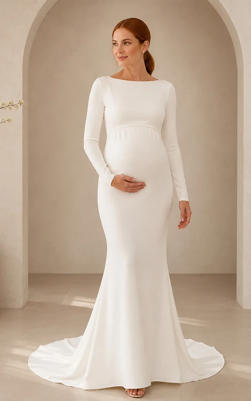 Modest Stretch Satin Wedding Dress Mermaid Bateau Neck Long Sleeve Sweep Train Bridal Gown