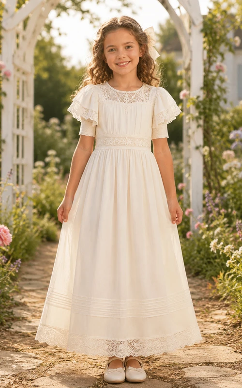 Robe de communion trapèze à col carré et manches papillon à volants, style prairie