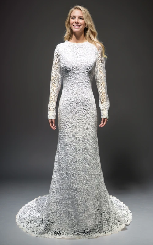 Robe de mariée bohème en dentelle à manches longues, coupe modeste et évasée