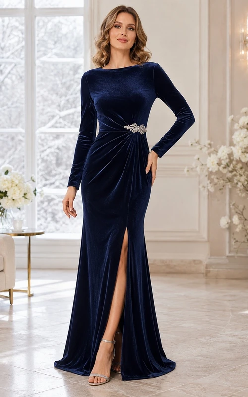 Navy Velvet V-Neck Long Sleeve Mermaid Floor-length Split Formal Gown