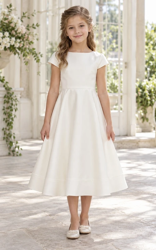 Robe de demoiselle d'honneur simple ivoire, longueur thé, manches plates, en satin lisse, taille naturelle, évasée, ourlet profond, fermeture éclair au dos