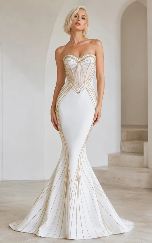 Robe de mariée sirène Art Déco longue sans bretelles en satin de luxe