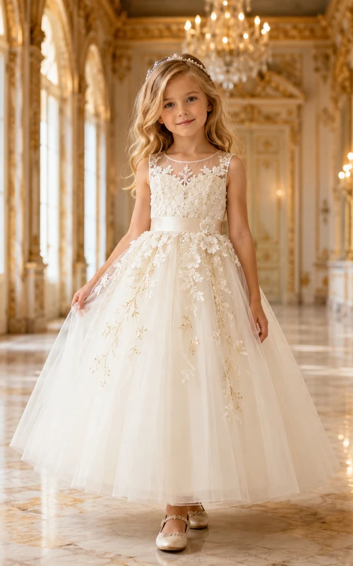 Vestido de niña de las flores color marfil con escote ilusión tipo joya, corpiño de encaje floral con cuentas, falda de tul acampanada hasta los tobillos y cierre de botones en la espalda.