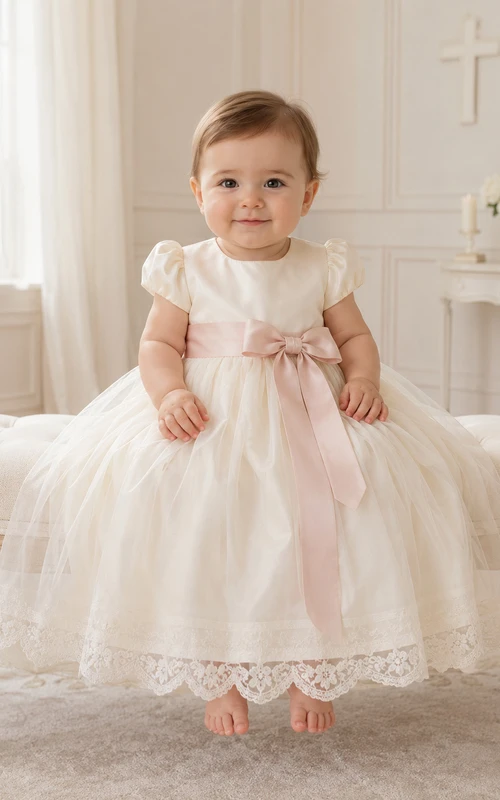 Baby Baptism Christening Ceremony Dress A-Line Knee-Length Jewel Neck Short Sleeve Tulle Lace Ribbon Sash Bow Back Button Back