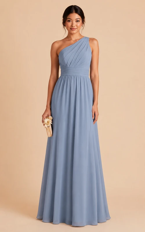 Steel Blue One-Shoulder Chiffon A-Line Bridesmaid Dress