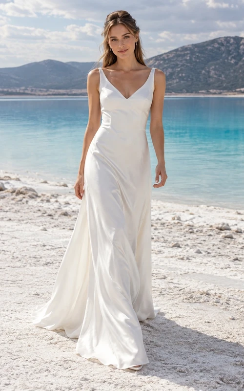 Vestido de novia sencillo de satén sin mangas con escote en V y espalda descubierta.