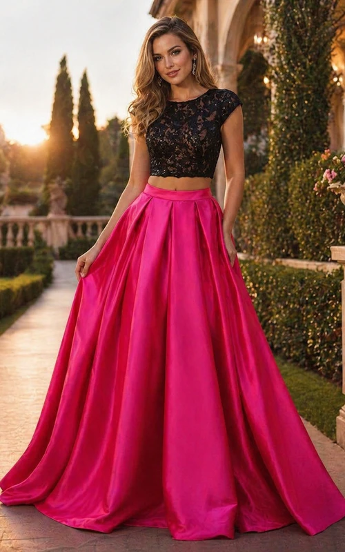 Newest Lace Two Piece Prom Dress Sweep Train Jewel