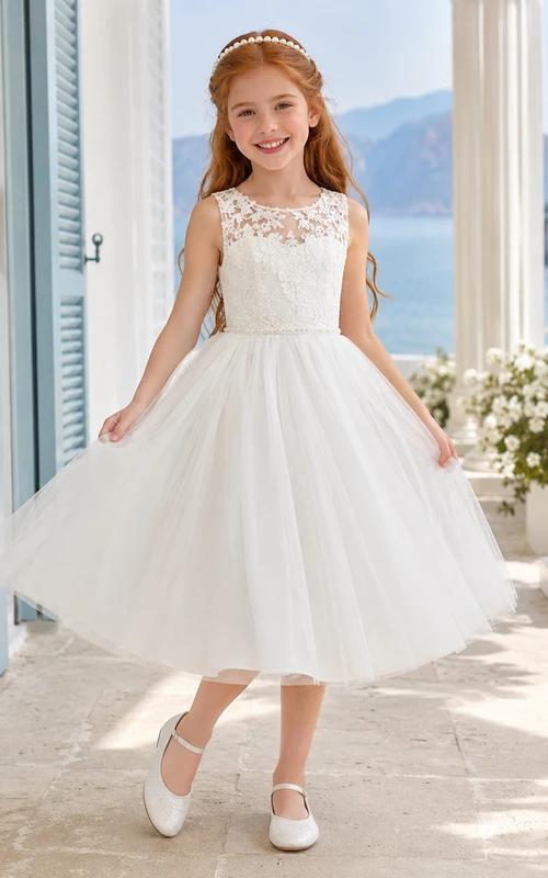 Flower Girl Dress Ivory Lace Tulle A-Line Jewel Neck Tea Length