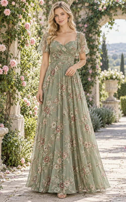 Vestido de dama de honor de gasa con corte en A, escote corazón y estampado floral verde salvia vintage.