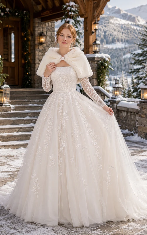 Winterliches Pelzschal-Tüll-Ballkleid, trägerlos, Hochzeitskleid