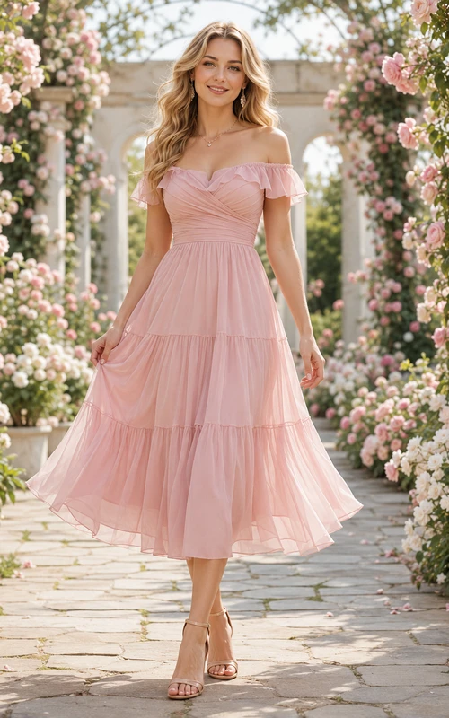 Petal Reverie Blush A-Line Tea-Length Off-Shoulder Short-Sleeve Tulle Romantic Guest Dress