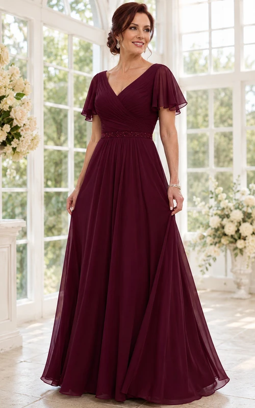 Burgundy V Neck Flutter Sleeve Ruched Chiffon A-Line Floor Mother Quinceanera Gown