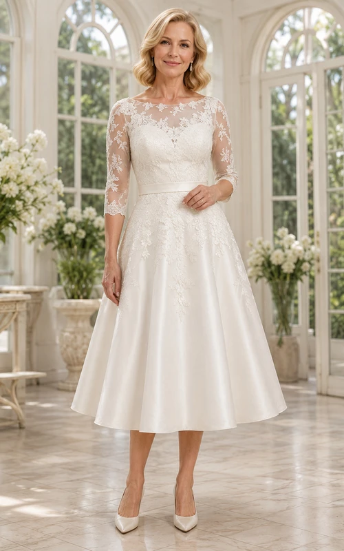 Vestido de novia vintage de satén con escote barco, manga tres cuartos y encaje, ideal para novias mayores.