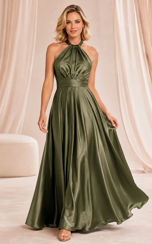 Elegante vestido largo de satén color oliva, sin mangas, con escote halter y corte en A.