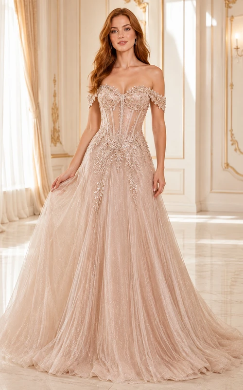 Champagnerfarbenes schulterfreies A-Linien-Abendkleid aus Tüll mit Spitzenapplikationen am Oberteil