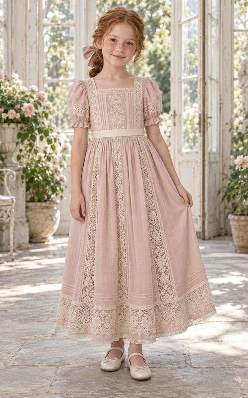 Vestido de niña de flores rosa vintage con escote cuadrado, corte en A, mangas abullonadas de encaje y paneles insertados, largo hasta los tobillos.