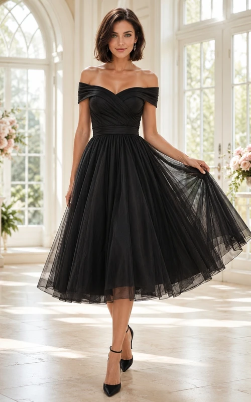 Black Off-Shoulder Tulle A-Line Tea-Length Vintage Romantic Cocktail Dress
