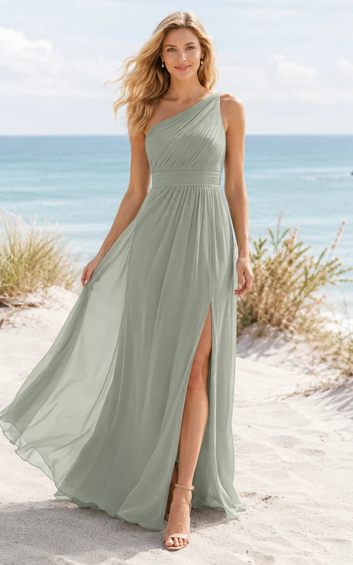 Sage Seaside A-Line Chiffon Bridesmaid Dress with Sleeveless One-Shoulder Bodice, Split Floor-Length Skirt and Low V Back