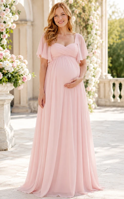 Romantisches Umstandskleid aus Chiffon mit zartrosa, quadratischen Blütenblattärmeln für Brautjungfern in zartem Rosa