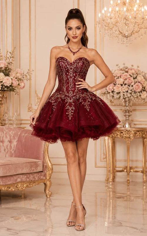 Burgundy Lace Tulle Square Neck Short Sleeve Ball Gown Party Dress