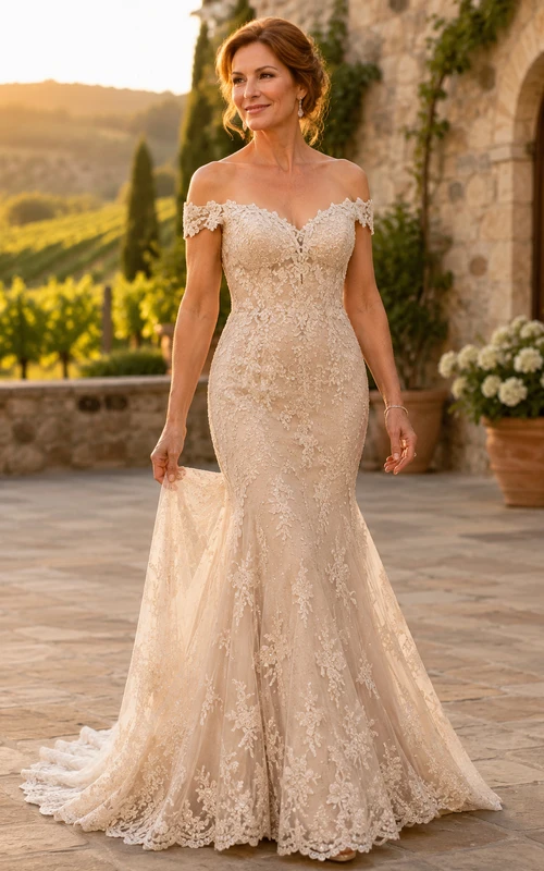 Champagnerfarbenes, schulterfreies Meerjungfrauen-Kleid aus Spitze mit Schleppe für die Mutter