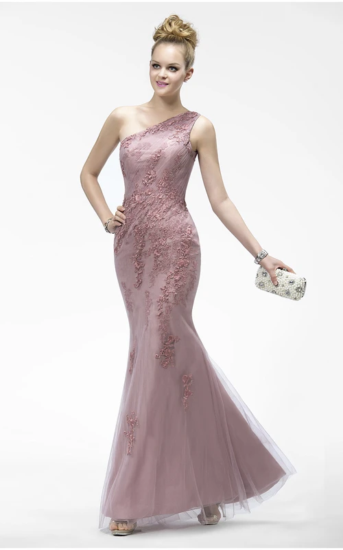 Robe sirène asymétrique élégante sans manches en tulle avec appliques et fermeture éclair