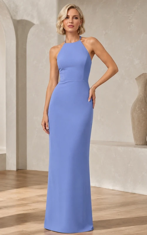 Vestido de dama de honor largo hasta el suelo, sin mangas, de punto, con cuello halter, color azul pizarra.
