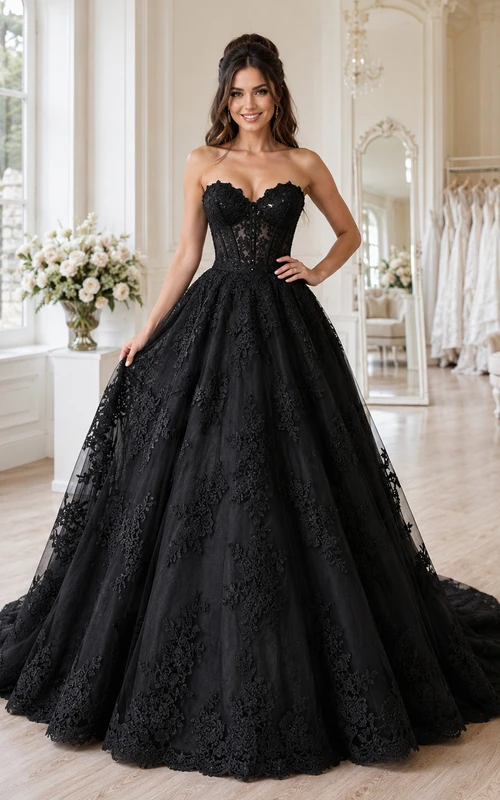 Robe de mariée gothique noire bustier en dentelle, décolleté cœur, traîne cathédrale