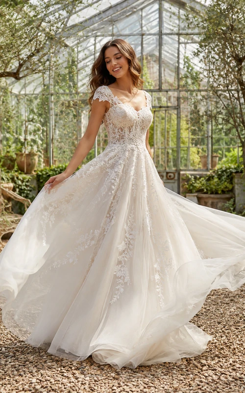 Garten-Brautkleid mit schulterfreiem Schnitt, Spitzenapplikationen und A-Linie