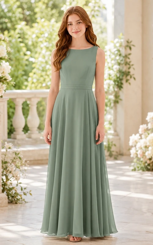 Vestido de dama de honor juvenil color celadón, corte A, escote barco, sin mangas, espalda cruzada, estilo romántico.